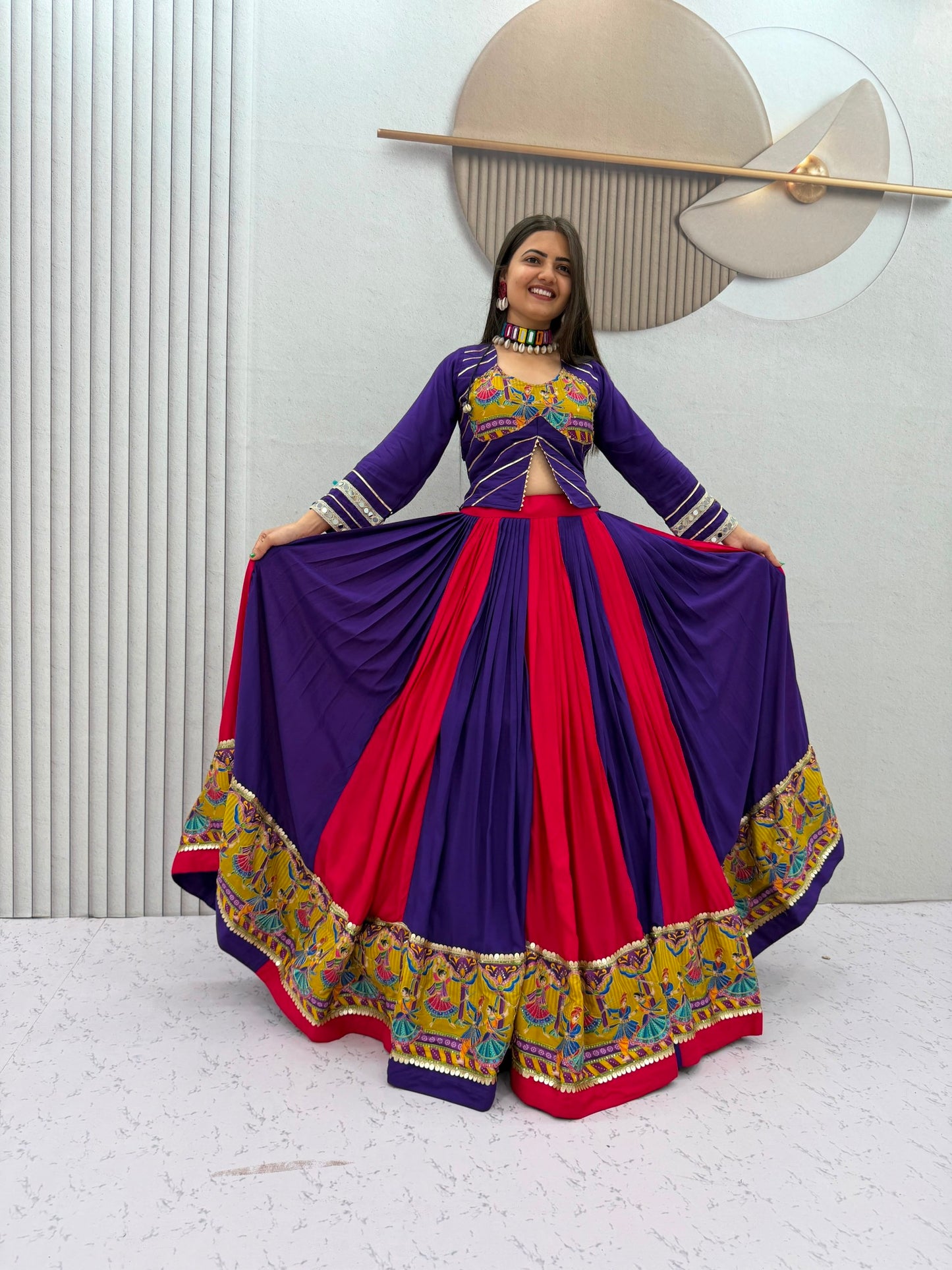 Royal Purple & Hot Pink Navratri Lehenga Choli with Peacock Print Border | Designer Garba Chaniya Choli