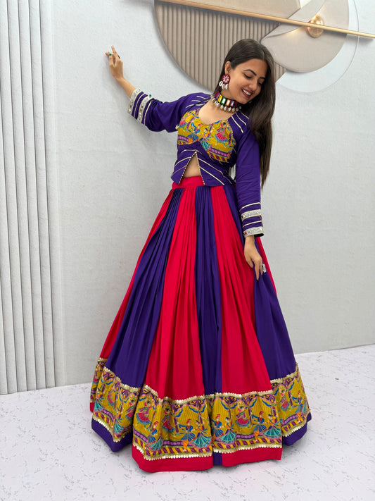 Royal Purple & Hot Pink Navratri Lehenga Choli with Peacock Print Border | Designer Garba Chaniya Choli