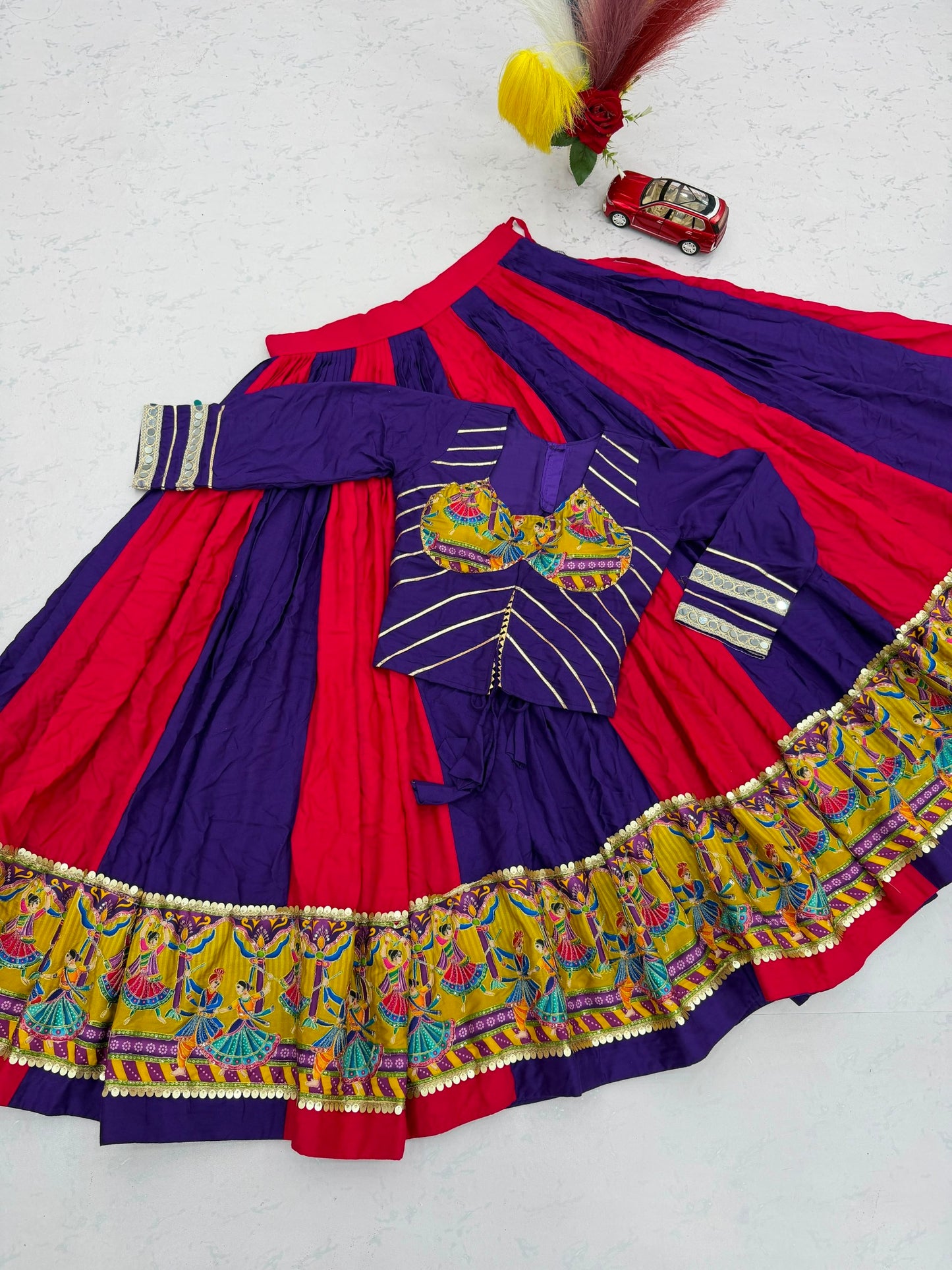 Royal Purple & Hot Pink Navratri Lehenga Choli with Peacock Print Border | Designer Garba Chaniya Choli