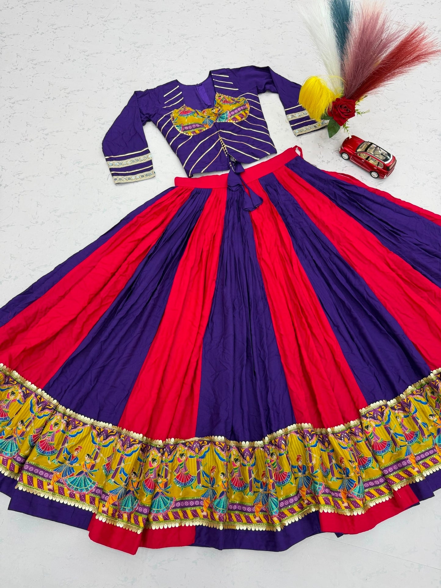 Royal Purple & Hot Pink Navratri Lehenga Choli with Peacock Print Border | Designer Garba Chaniya Choli