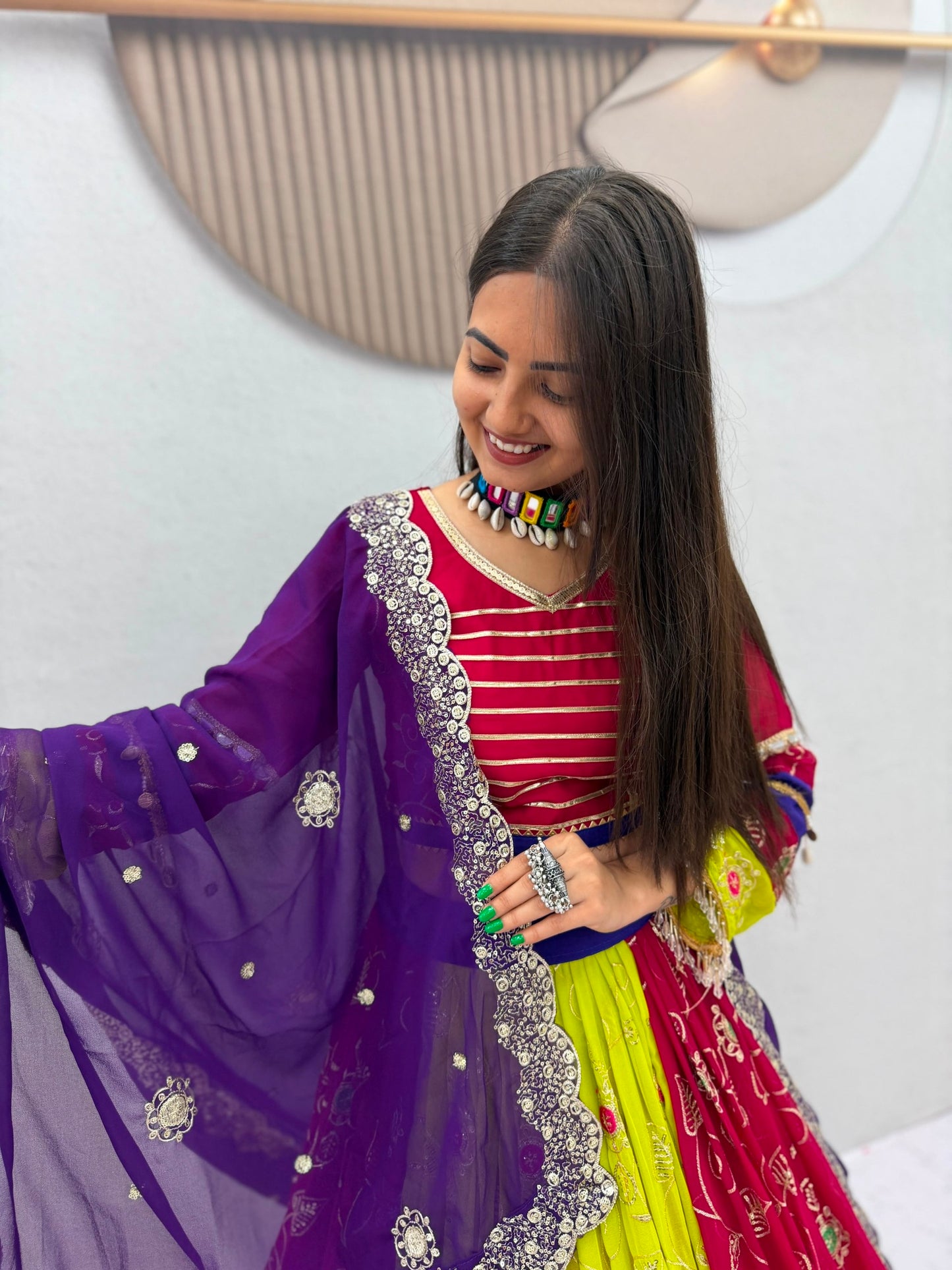 Royal Wine & Purple Kalamkari Navratri Lehenga Choli – Multicolor Garba Special
