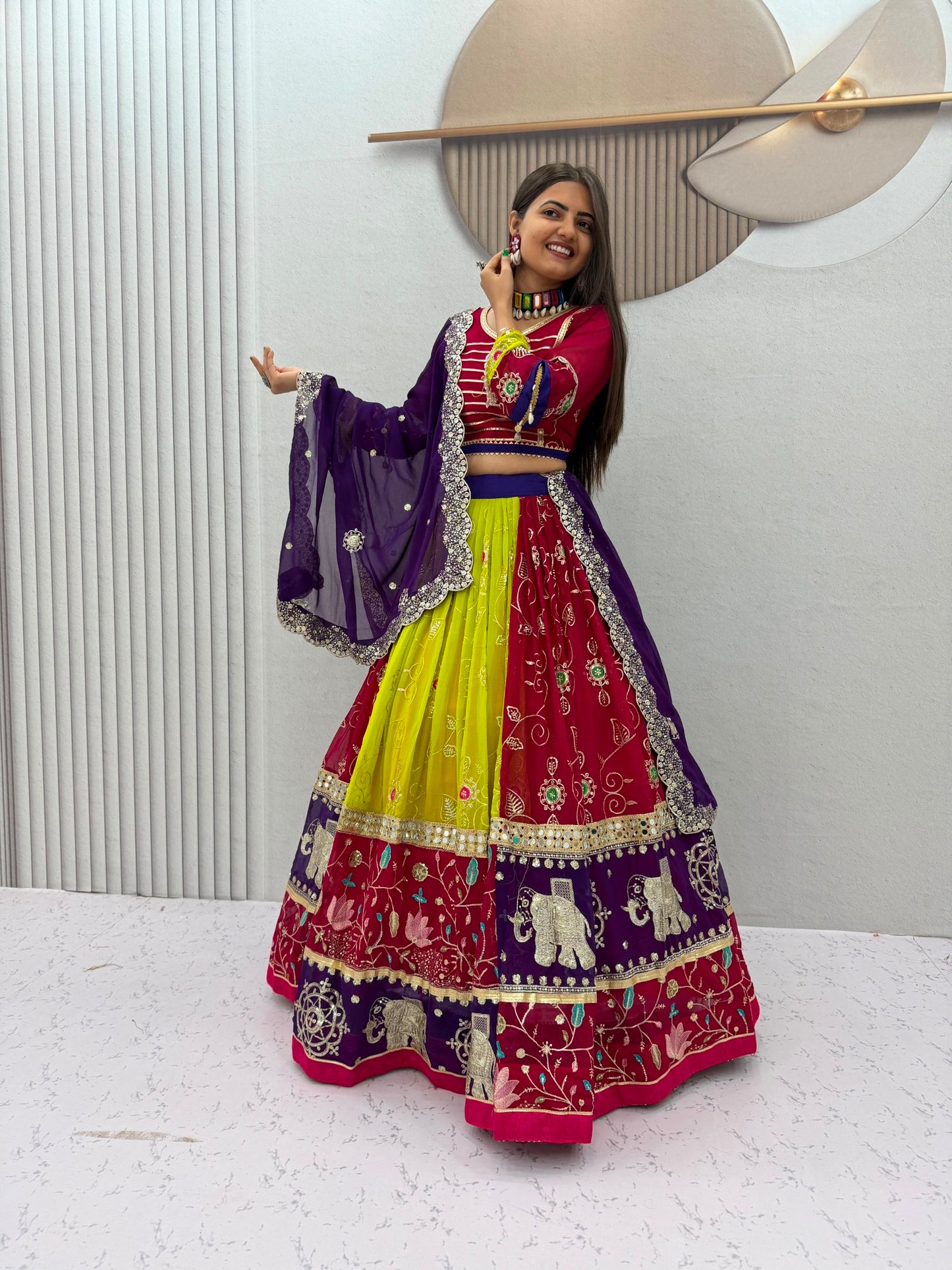 Royal Wine & Purple Kalamkari Navratri Lehenga Choli – Multicolor Garba Special