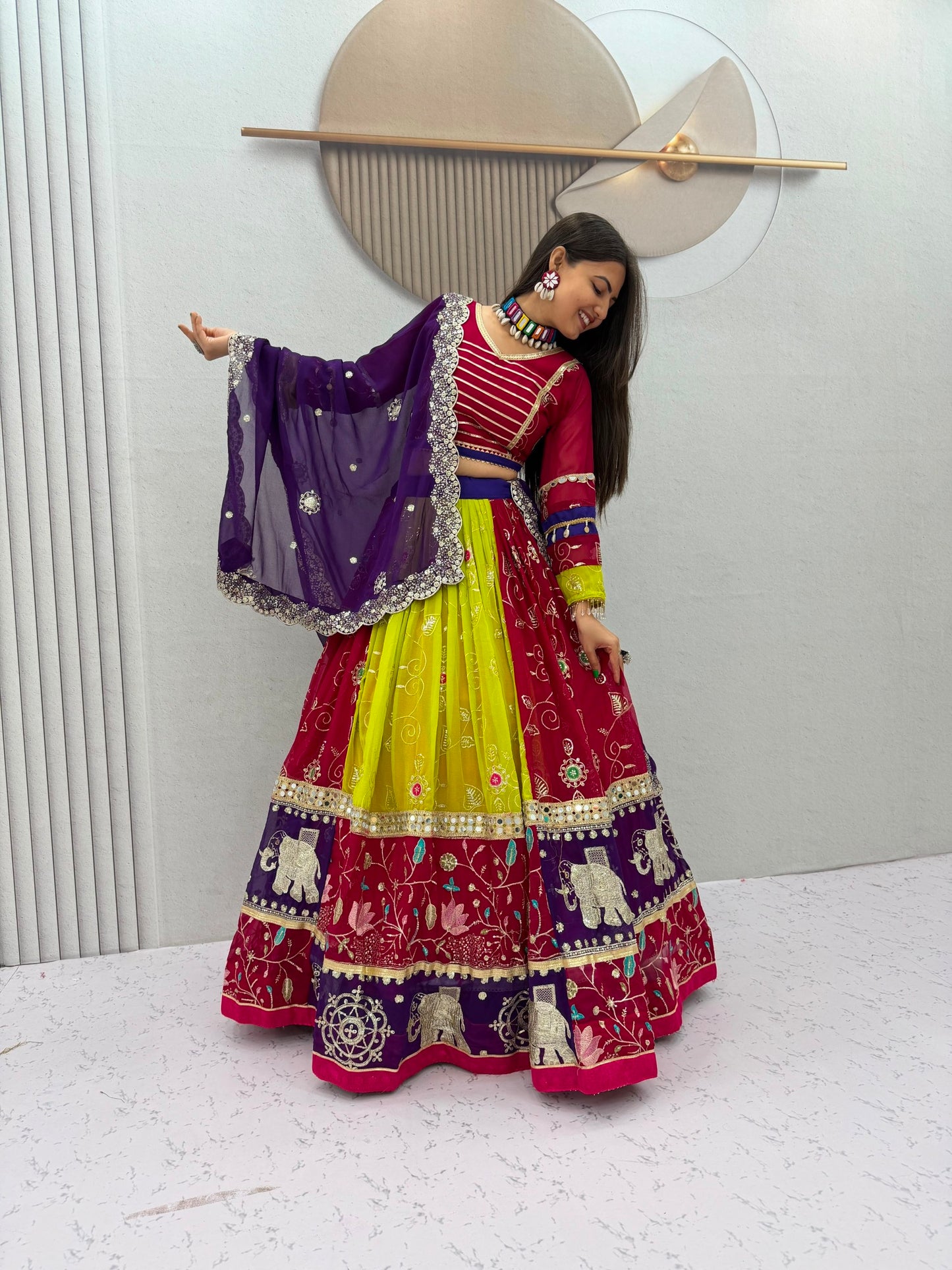 Royal Wine & Purple Kalamkari Navratri Lehenga Choli – Multicolor Garba Special