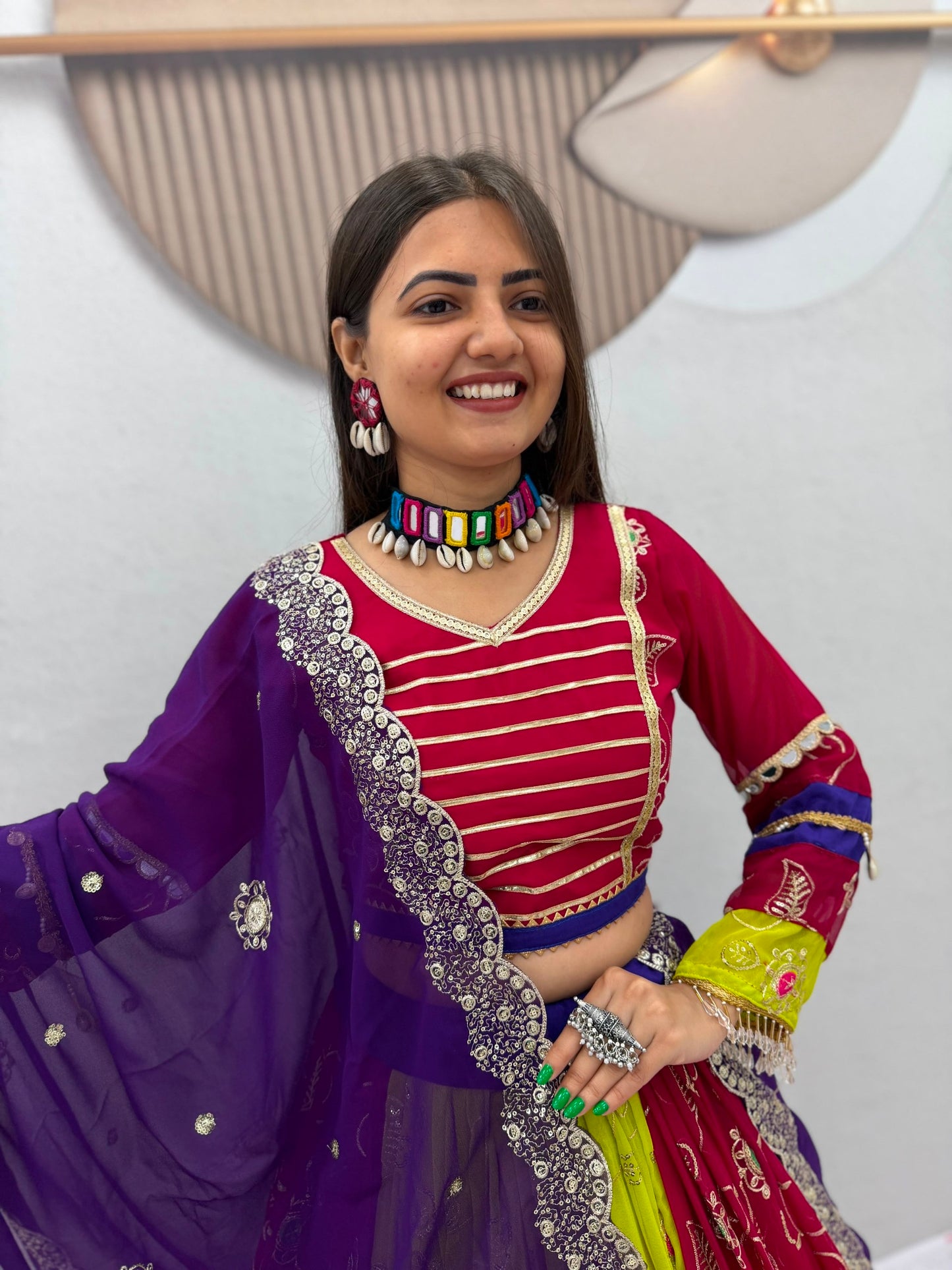 Royal Wine & Purple Kalamkari Navratri Lehenga Choli – Multicolor Garba Special
