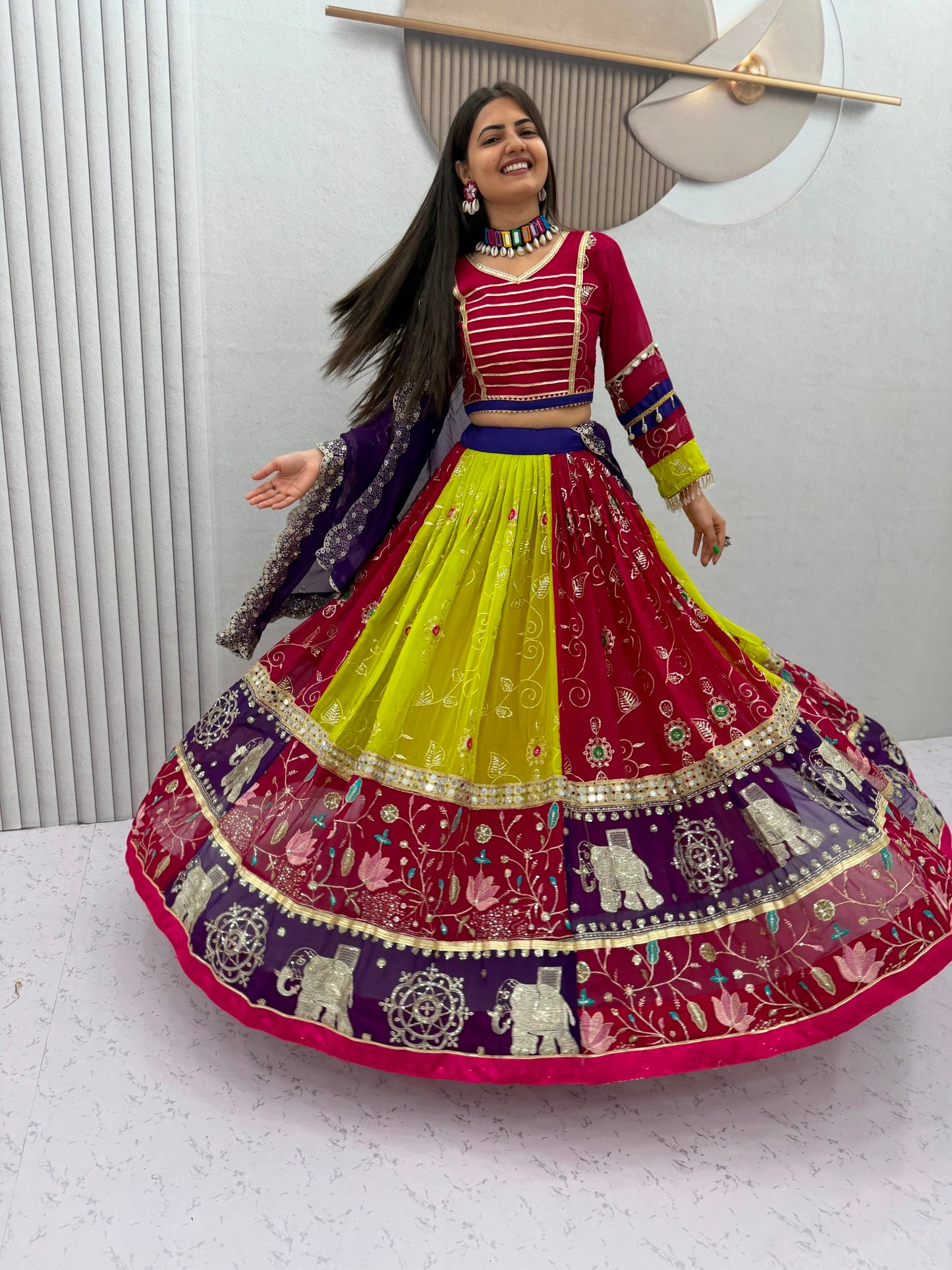 Royal Wine & Purple Kalamkari Navratri Lehenga Choli – Multicolor Garba Special