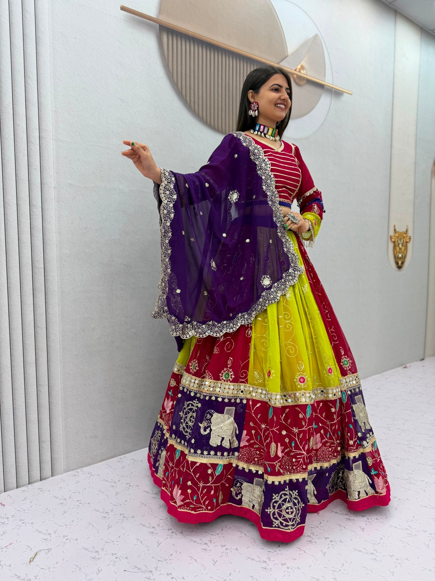 Royal Wine & Purple Kalamkari Navratri Lehenga Choli – Multicolor Garba Special