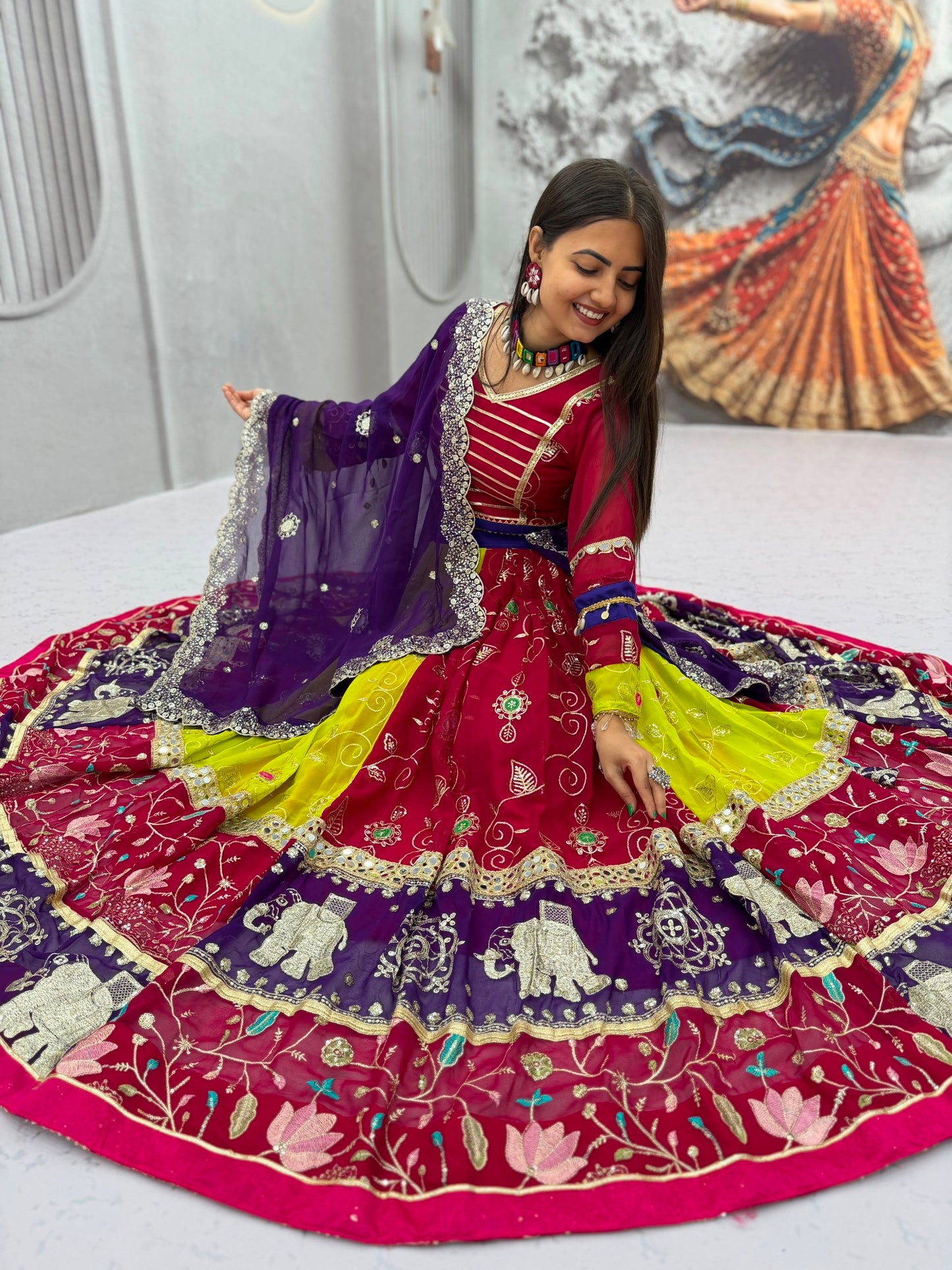 Royal Wine & Purple Kalamkari Navratri Lehenga Choli – Multicolor Garba Special