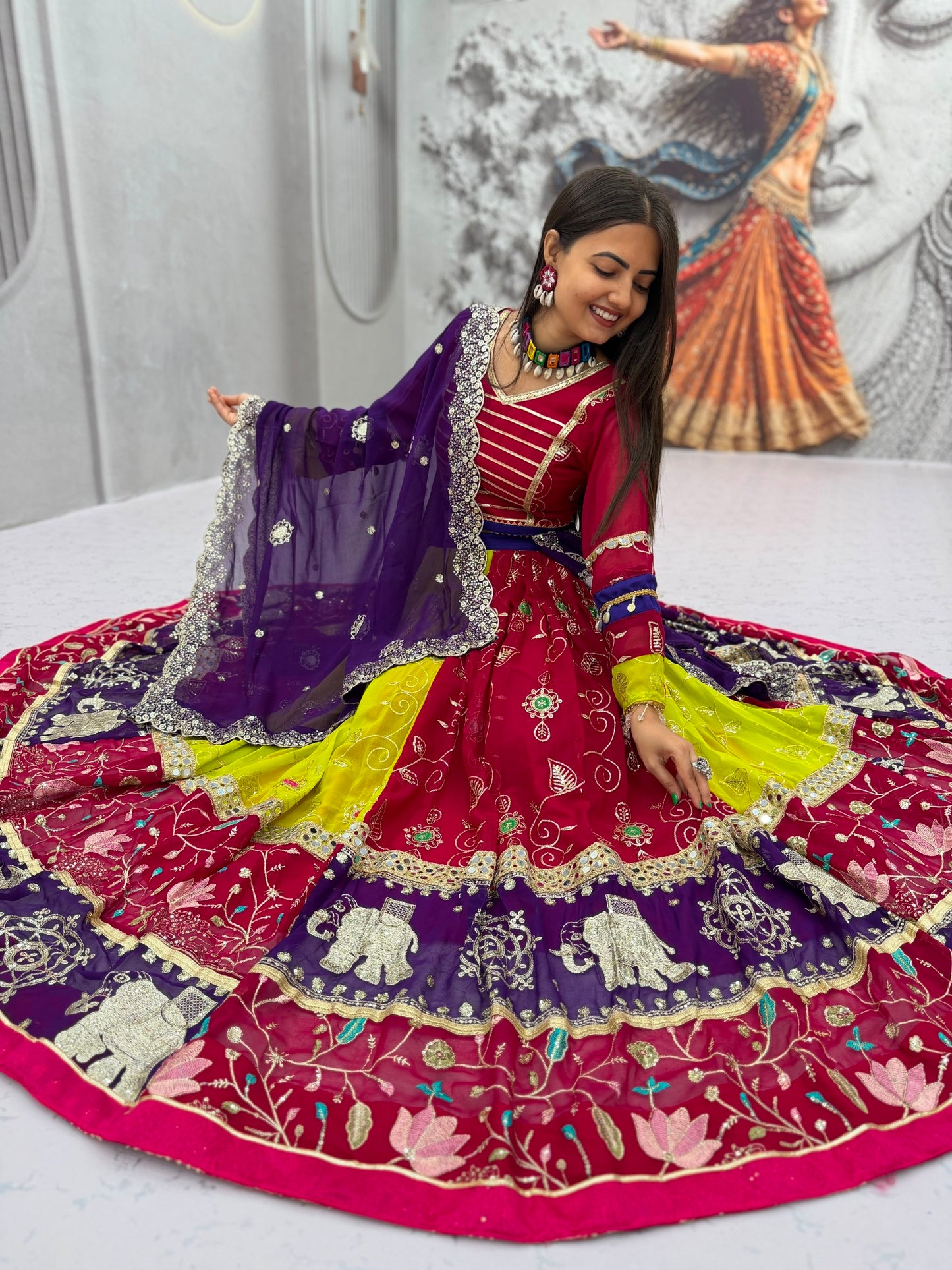Royal Wine & Purple Kalamkari Navratri Lehenga Choli – Multicolor Garba Special