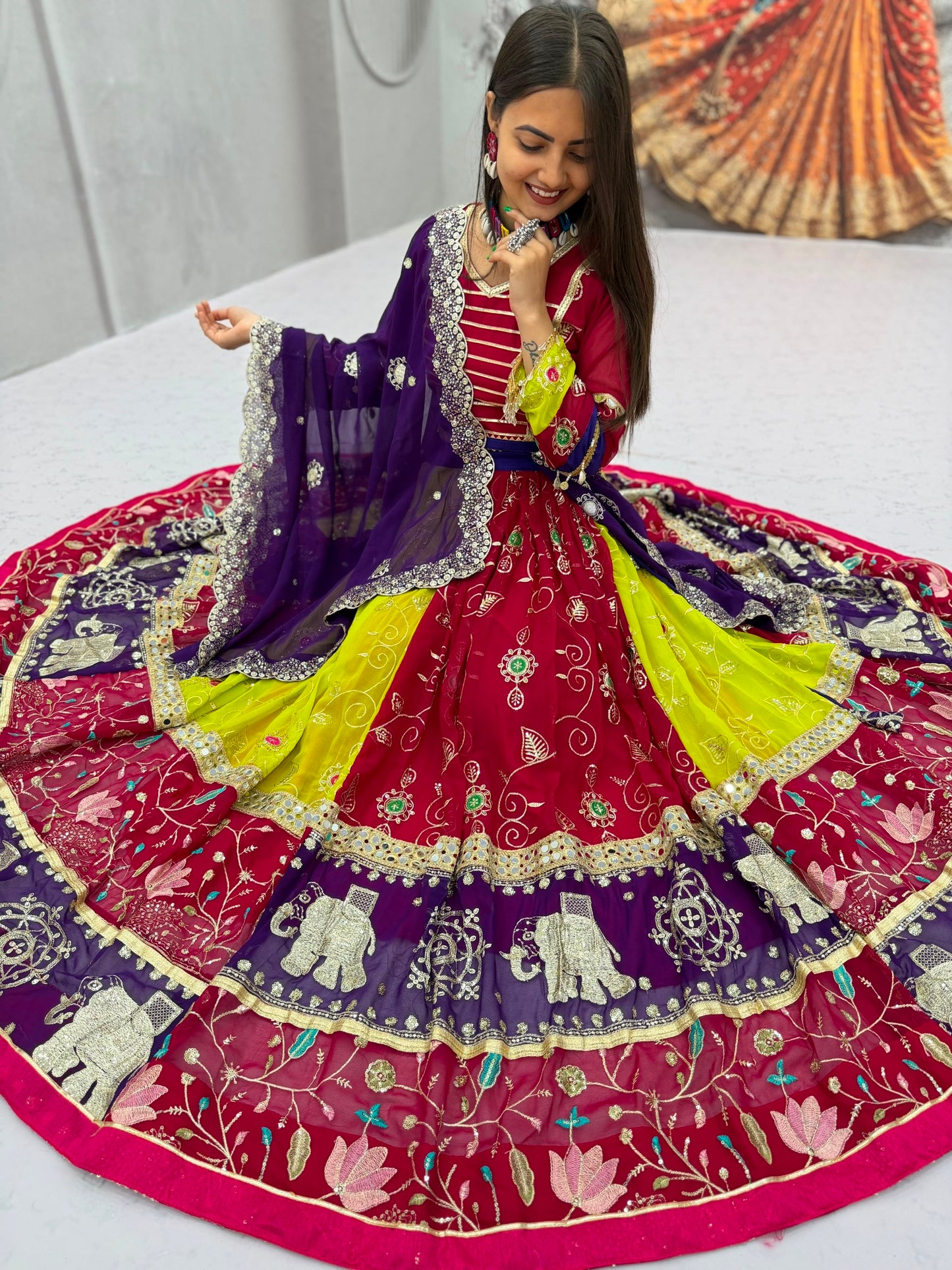 Royal Wine & Purple Kalamkari Navratri Lehenga Choli – Multicolor Garba Special