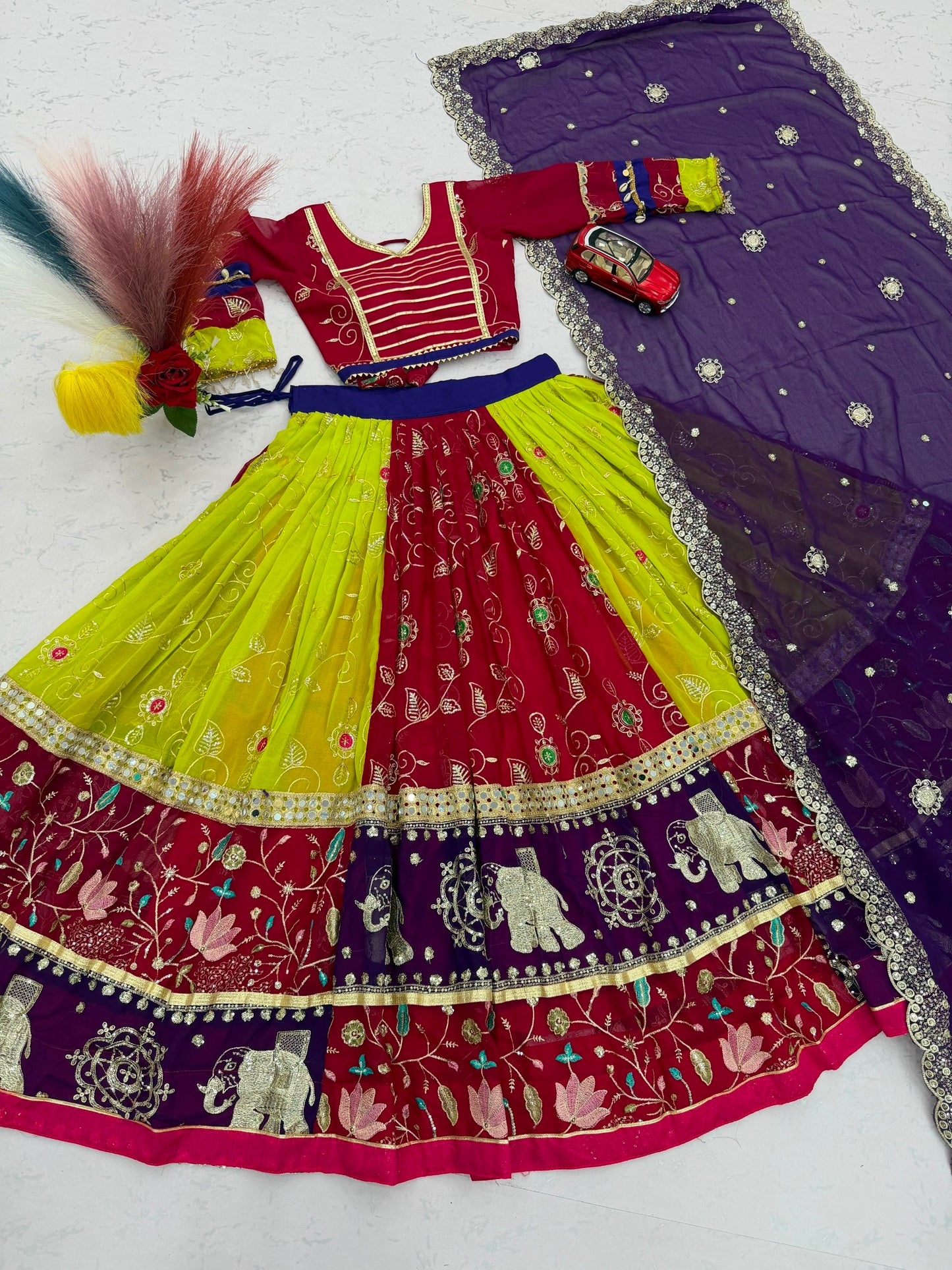Royal Wine & Purple Kalamkari Navratri Lehenga Choli – Multicolor Garba Special