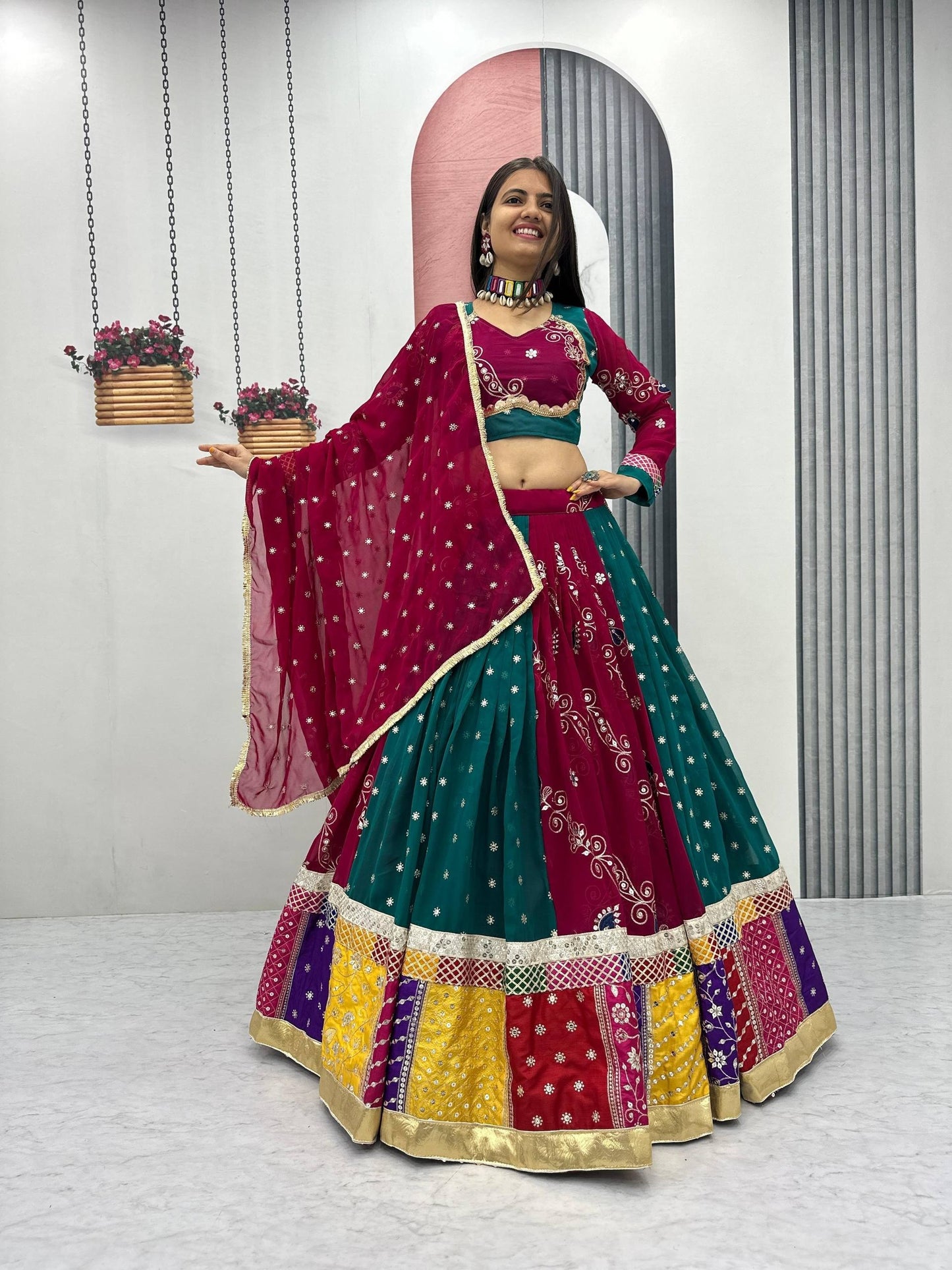 Royal Maroon & Teal Multicolor Embroidered Navratri Lehenga Choli – Garba Special