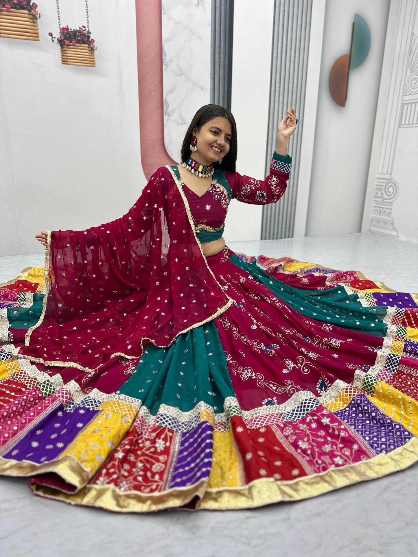 Royal Maroon & Teal Multicolor Embroidered Navratri Lehenga Choli – Garba Special
