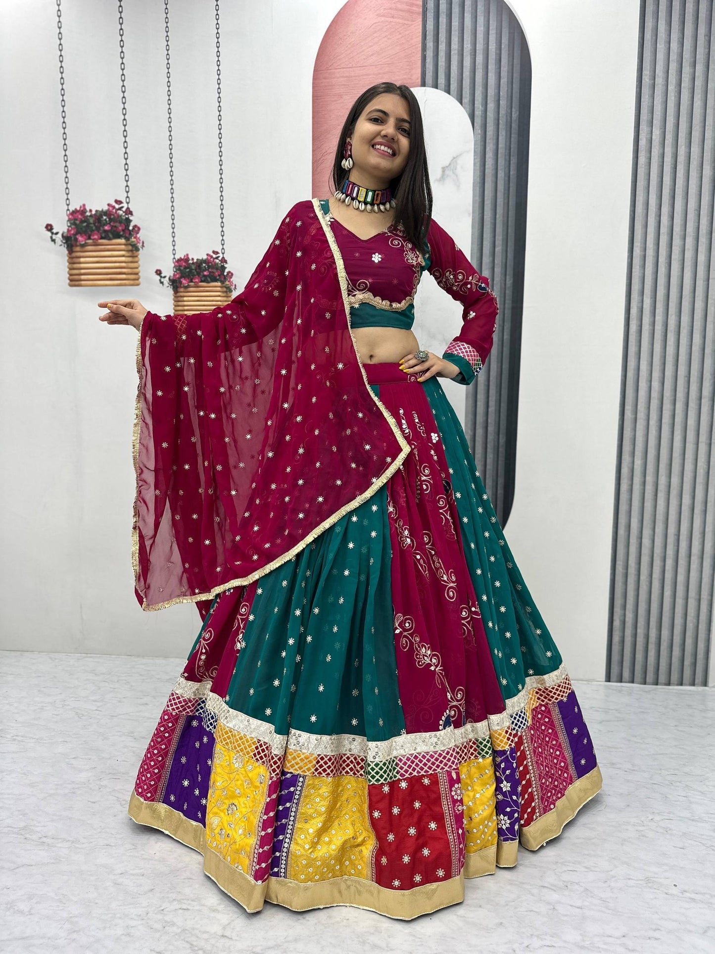 Royal Maroon & Teal Multicolor Embroidered Navratri Lehenga Choli – Garba Special
