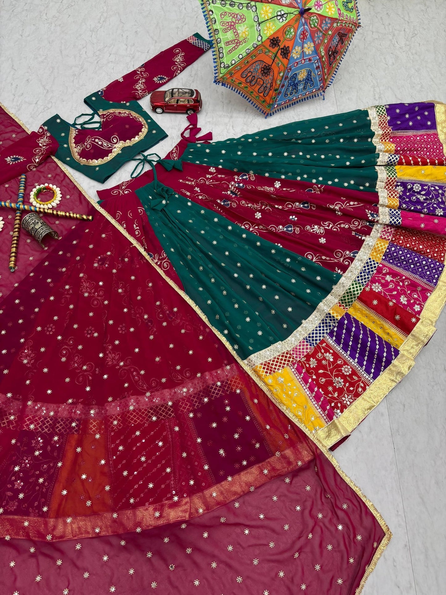 Royal Maroon & Teal Multicolor Embroidered Navratri Lehenga Choli – Garba Special