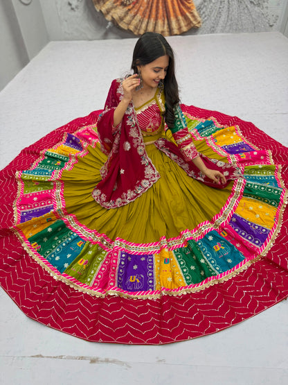 Royal Olive Green & Pink Multicolor Embroidered Navratri Lehenga Choli – Garba Special