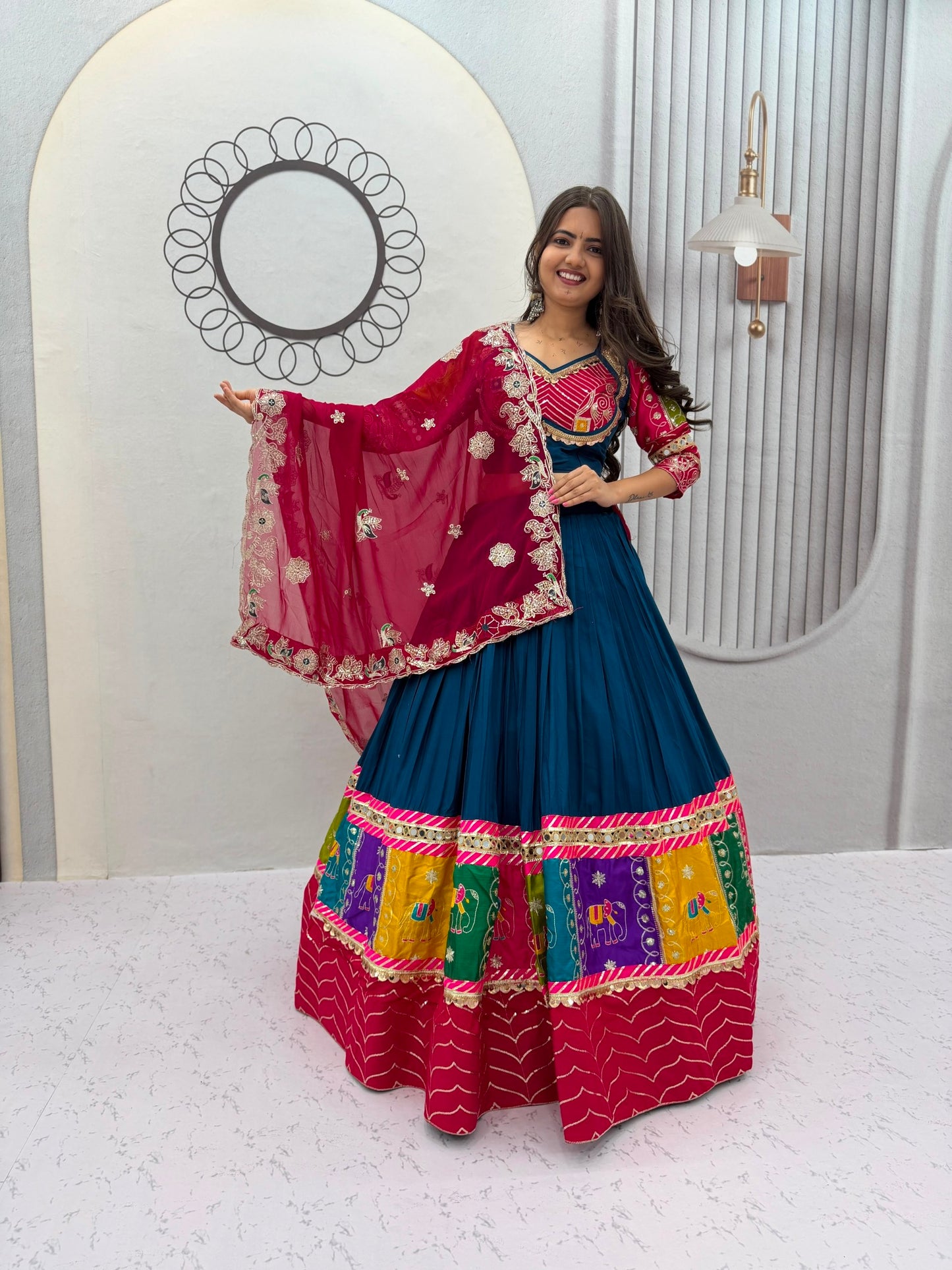 Royal Olive Green & Pink Multicolor Embroidered Navratri Lehenga Choli – Garba Special