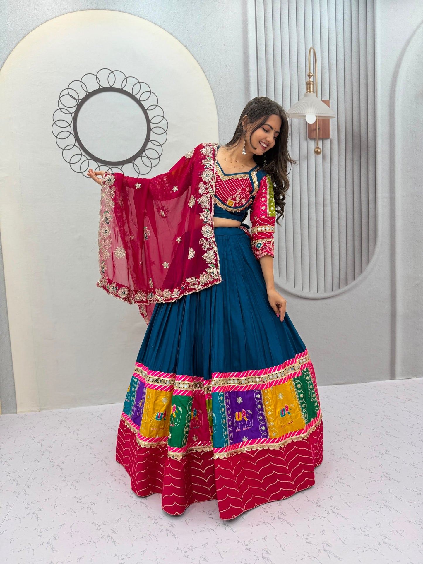 Royal Olive Green & Pink Multicolor Embroidered Navratri Lehenga Choli – Garba Special