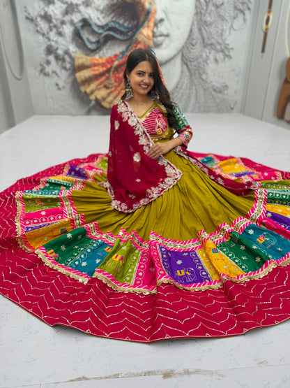Royal Olive Green & Pink Multicolor Embroidered Navratri Lehenga Choli – Garba Special