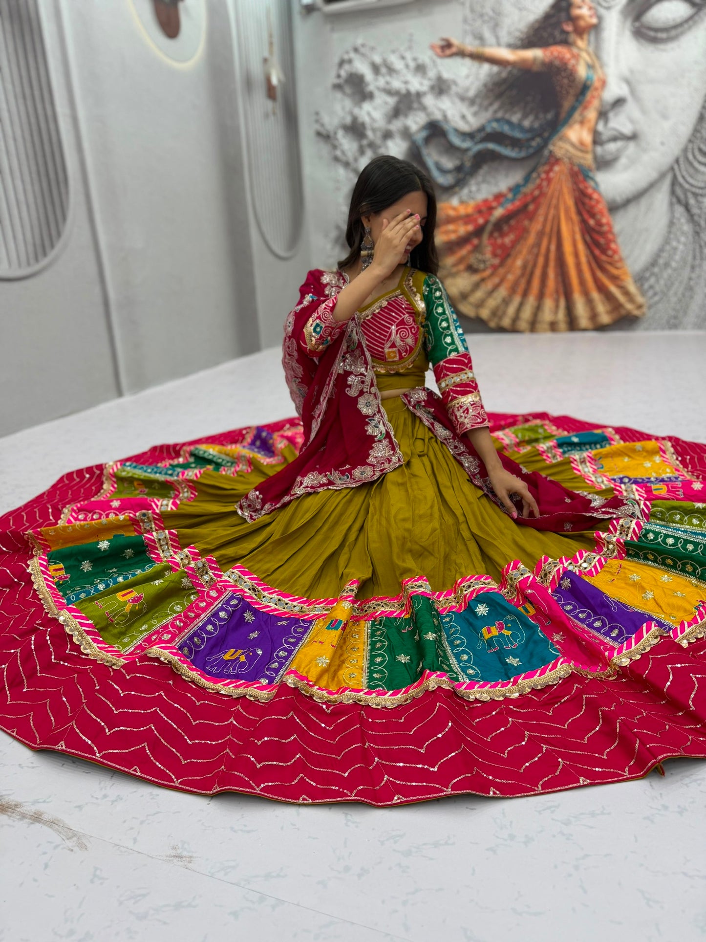 Royal Olive Green & Pink Multicolor Embroidered Navratri Lehenga Choli – Garba Special