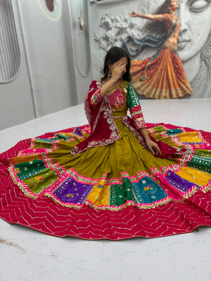 Royal Olive Green & Pink Multicolor Embroidered Navratri Lehenga Choli – Garba Special