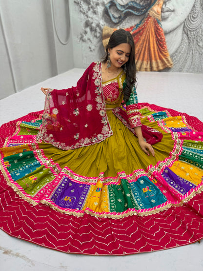 Royal Olive Green & Pink Multicolor Embroidered Navratri Lehenga Choli – Garba Special