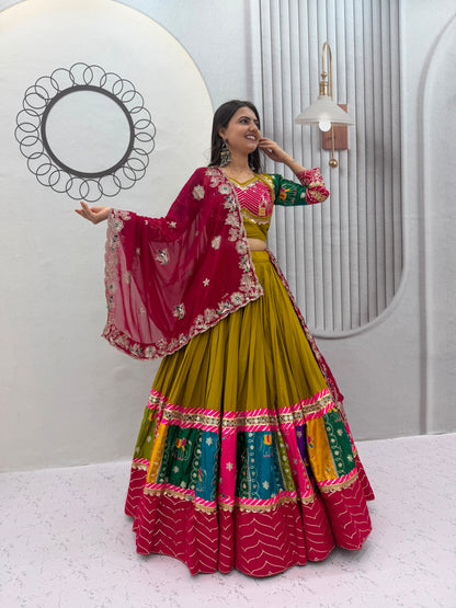 Royal Olive Green & Pink Multicolor Embroidered Navratri Lehenga Choli – Garba Special