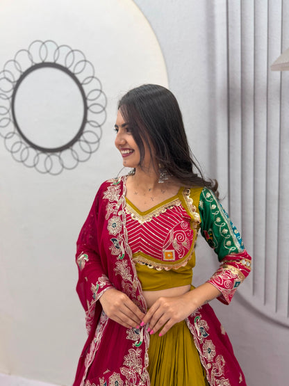 Royal Olive Green & Pink Multicolor Embroidered Navratri Lehenga Choli – Garba Special