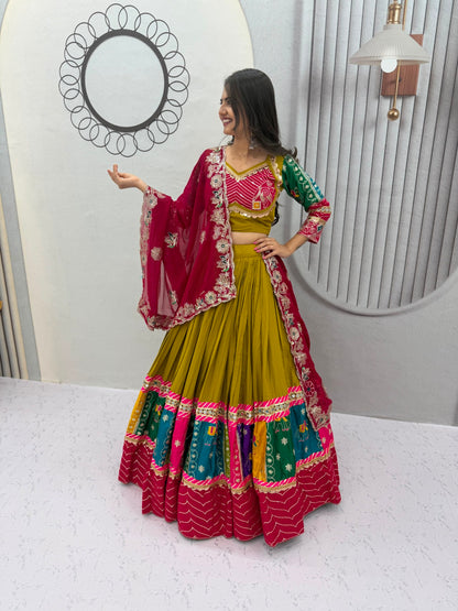 Royal Olive Green & Pink Multicolor Embroidered Navratri Lehenga Choli – Garba Special