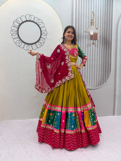 Royal Olive Green & Pink Multicolor Embroidered Navratri Lehenga Choli – Garba Special