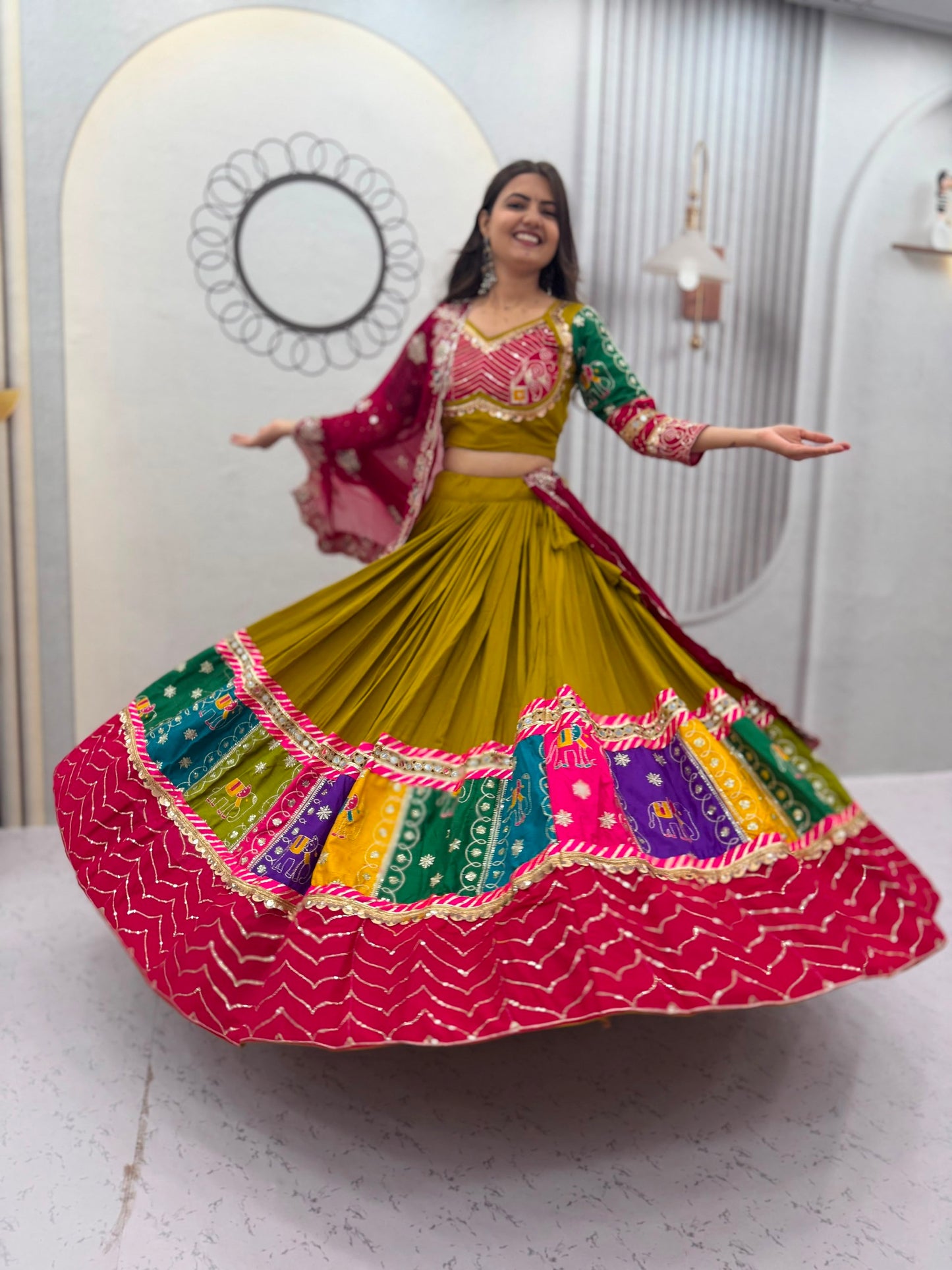 Royal Olive Green & Pink Multicolor Embroidered Navratri Lehenga Choli – Garba Special