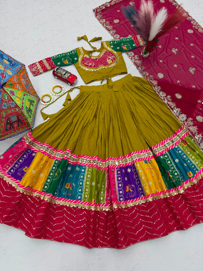 Royal Olive Green & Pink Multicolor Embroidered Navratri Lehenga Choli – Garba Special