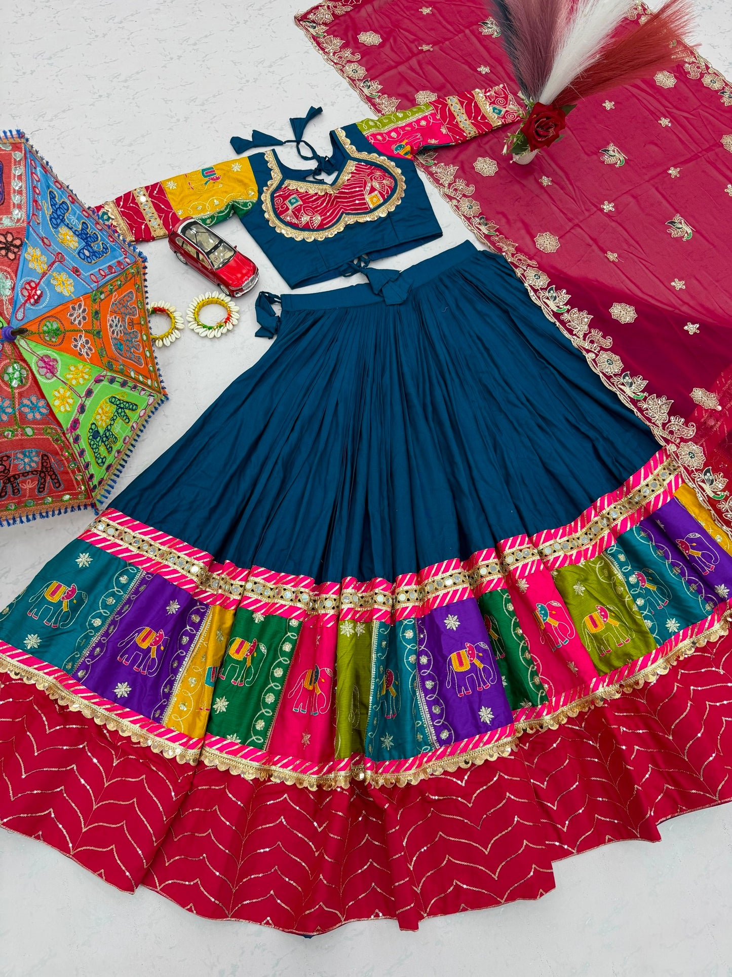Royal Olive Green & Pink Multicolor Embroidered Navratri Lehenga Choli – Garba Special