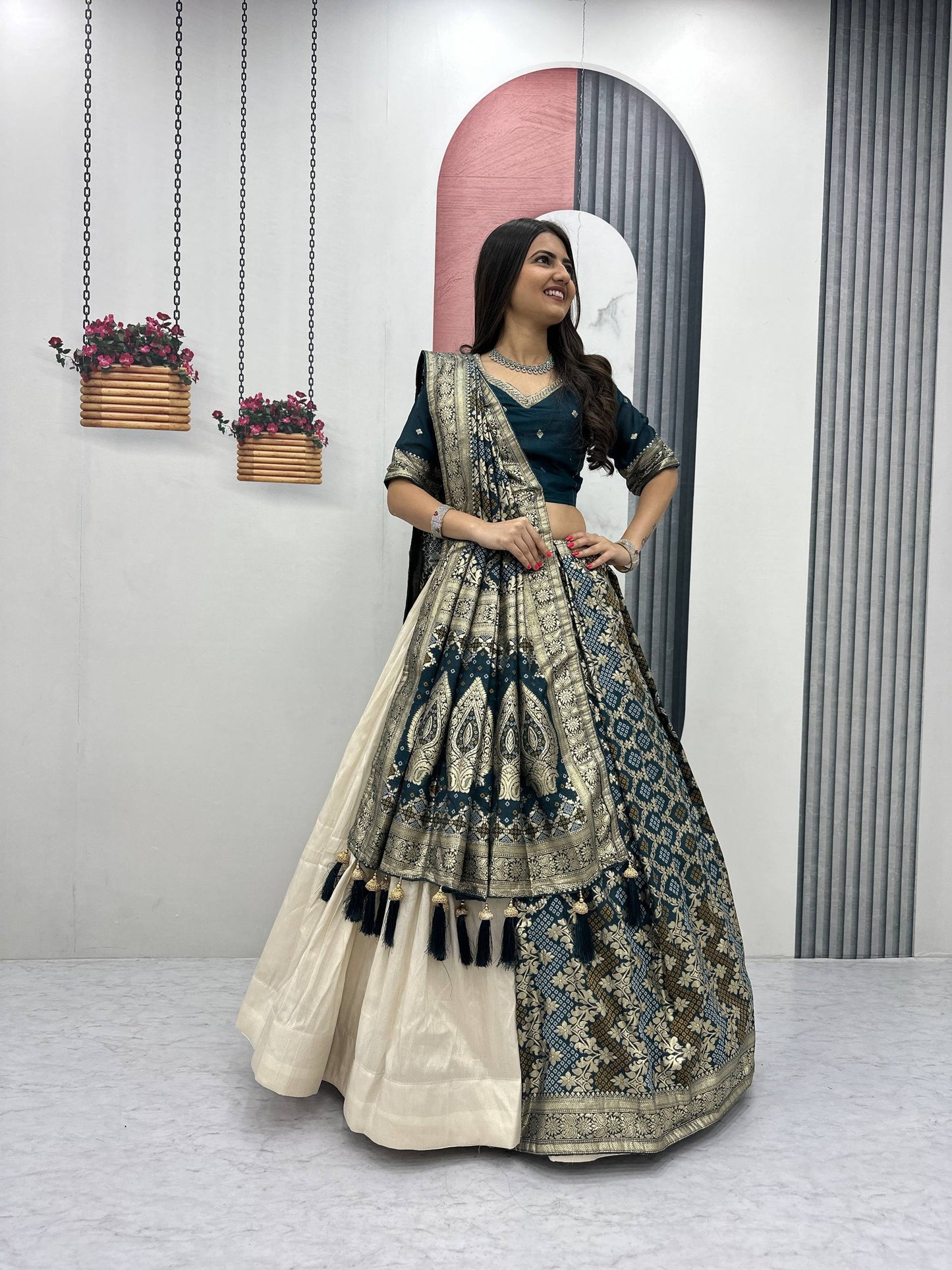 Peacock Blue Pure Simar Silk Lehenga with Jacquard Silk Blouse and Saree