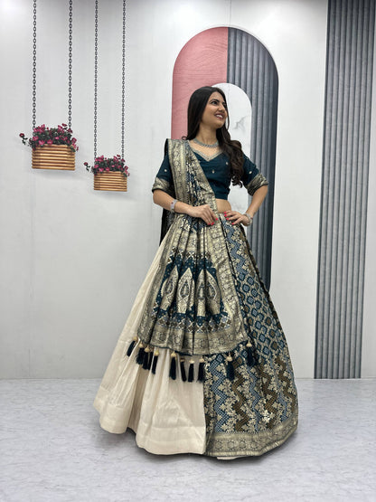 Peacock Blue Pure Simar Silk Lehenga with Jacquard Silk Blouse and Saree
