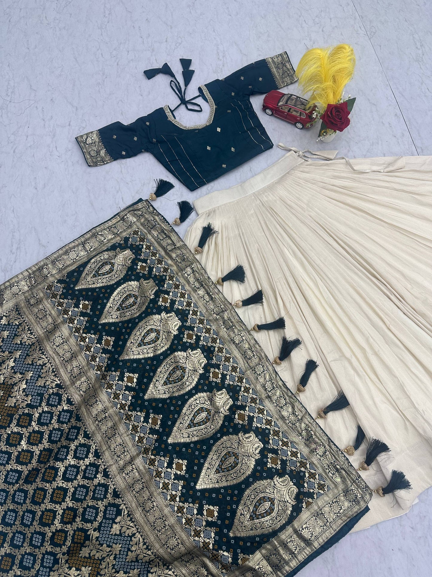 Peacock Blue Pure Simar Silk Lehenga with Jacquard Silk Blouse and Saree
