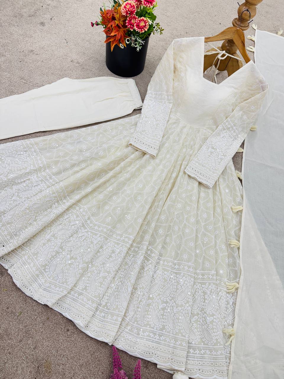 Beige Pure Kora Cotton Schiffli Work Anarkali Gown Set with Bottom and Dupatta
