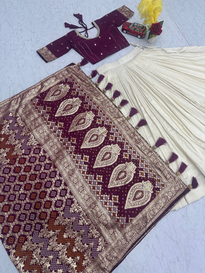 Deep Wine Pure Simar Silk Lehenga with Jacquard Silk Blouse and Jacquard Soft Silk Saree