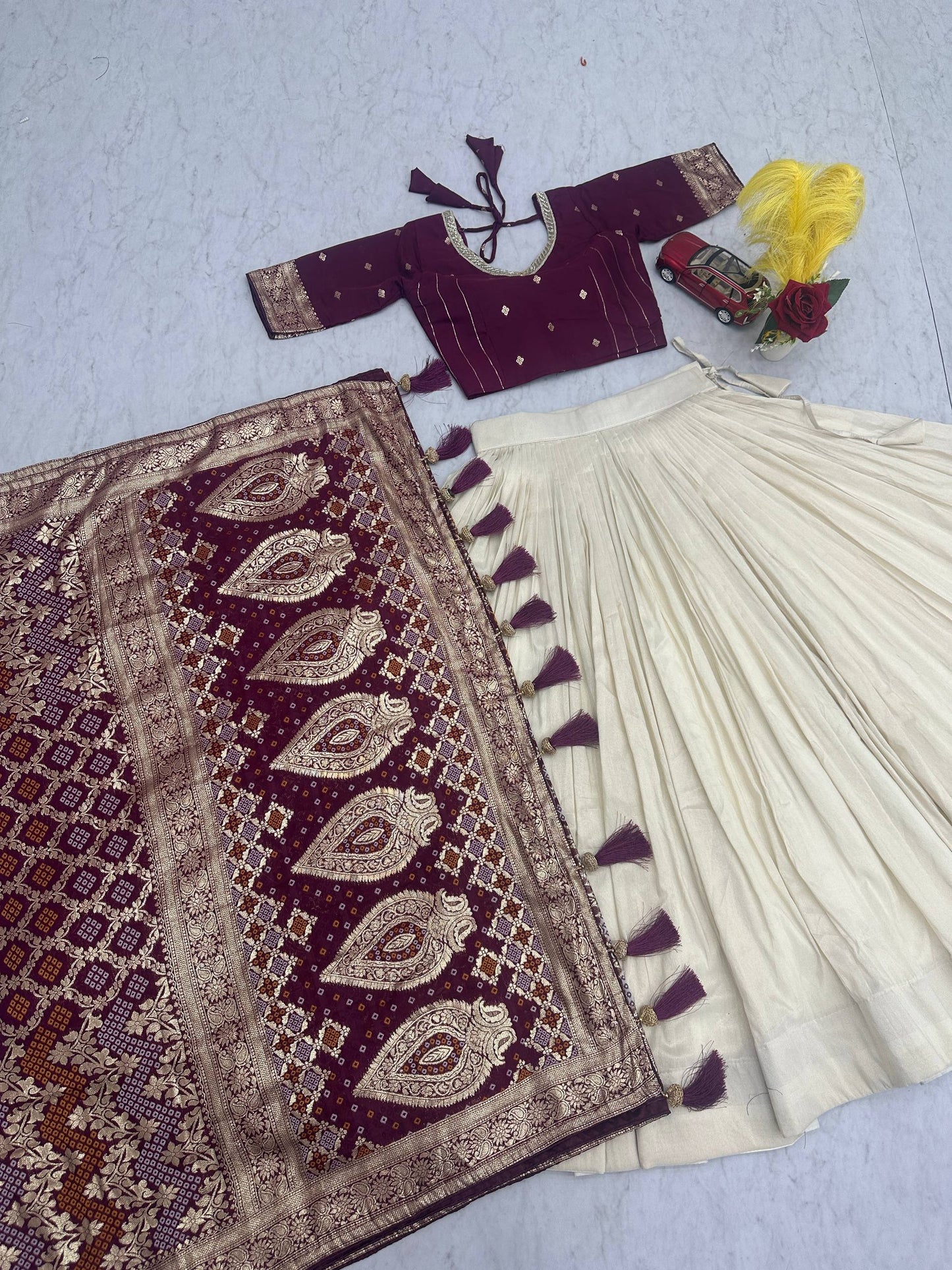 Deep Wine Pure Simar Silk Lehenga with Jacquard Silk Blouse and Jacquard Soft Silk Saree