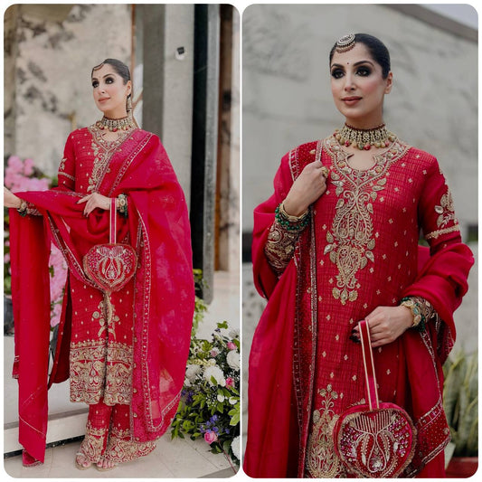 Deep Rose Ember Crunchy Silk Embroidered Top and Pant Set with Lace Border Dupatta
