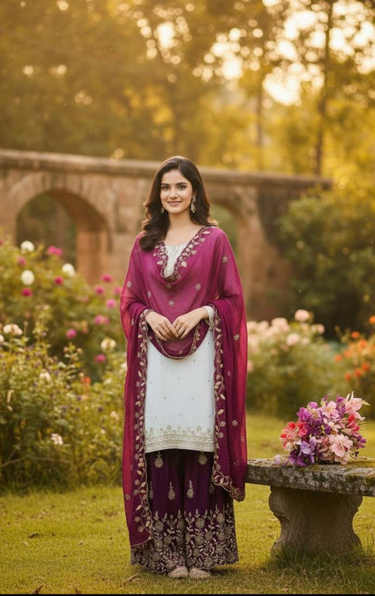Wine Rose Zmy Silk Embroidered Party Sharara Suit Set with Dupatta