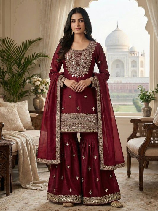 Ruby Port GMY Silk Embroidered Sharara Set with Mirror Work and Lace Border Dupatta