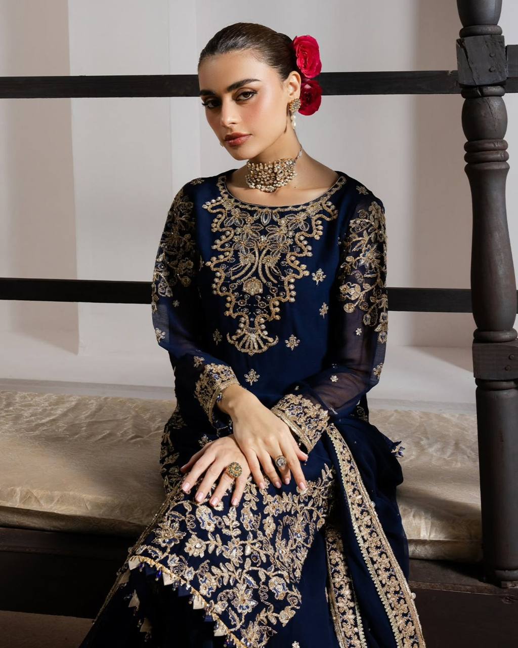 Mughal Blue GMY Silk Sequence Embroidered Top and Plazzo Set with Dupatta