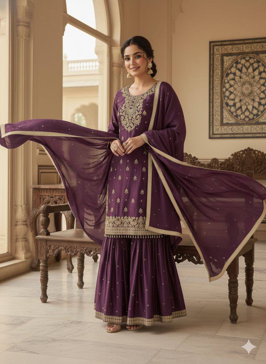 Heirloom Purple GMY Silk Sequence Embroidered Sharara Set with Bead Work Dupatta