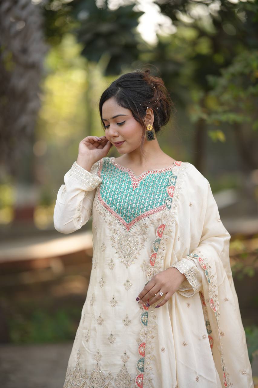 Zareen Cream Chinon Silk Embroidered Sharara Suit Set with Mirror Work Dupatta