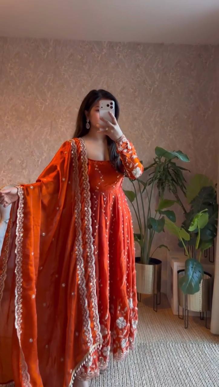 Orange Fendy Silk Embroidered Anarkali Set with Pant and Border Work Dupatta