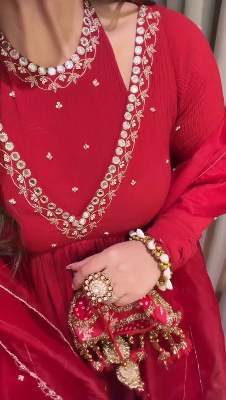 Red Chinon Silk Embroidered Top with Plazo and Lace Border Dupatta