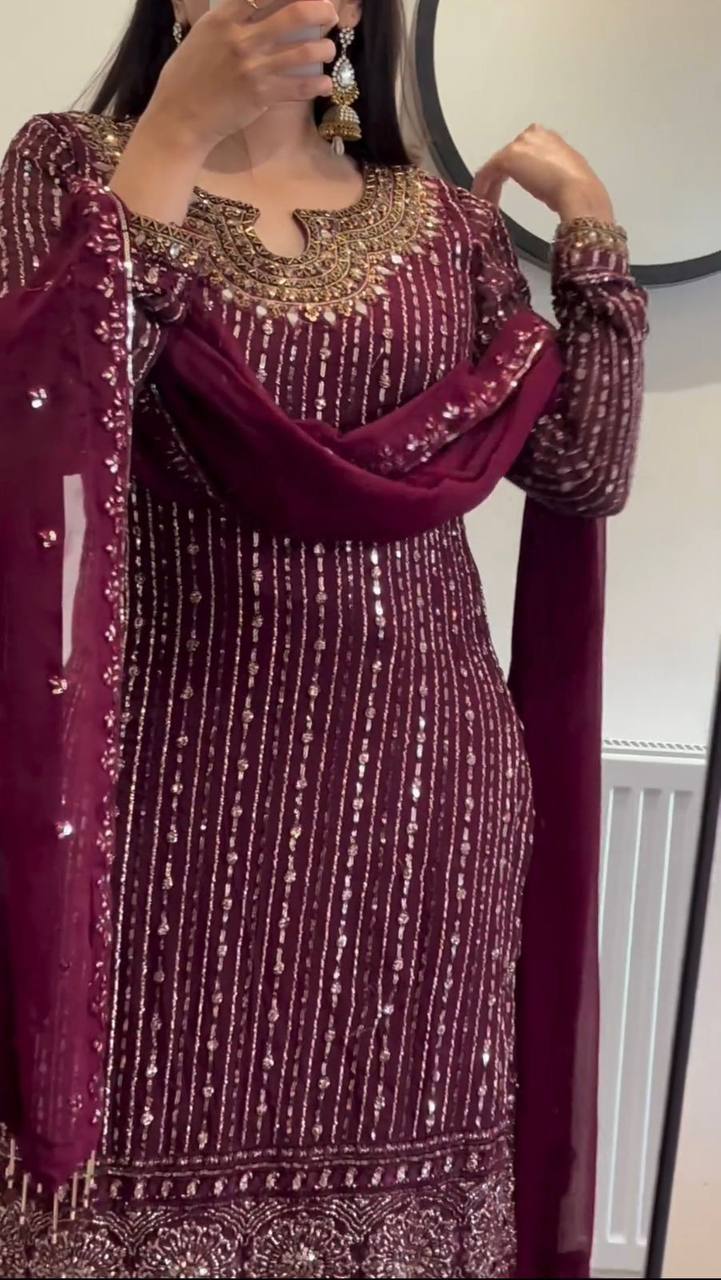Maroon Faux Georgette Mirror Work Top with Pant and Embroidered Dupatta