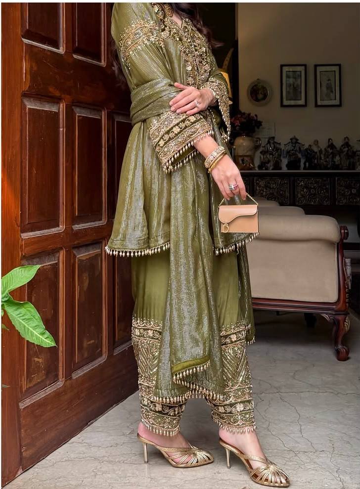 Noble Green Eid Special Heavy Embroidered Nylon Top with Soft Silk Plazzo and Lace Border Dupatta