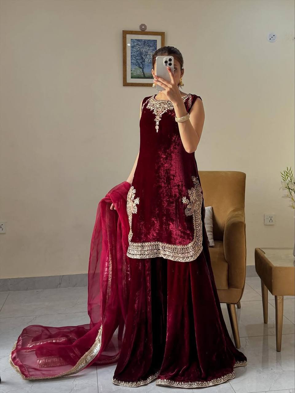 Maroon Embroidered Viscose Velvet Top with Umbrella Cut Palazzo and Soft Net Dupatta