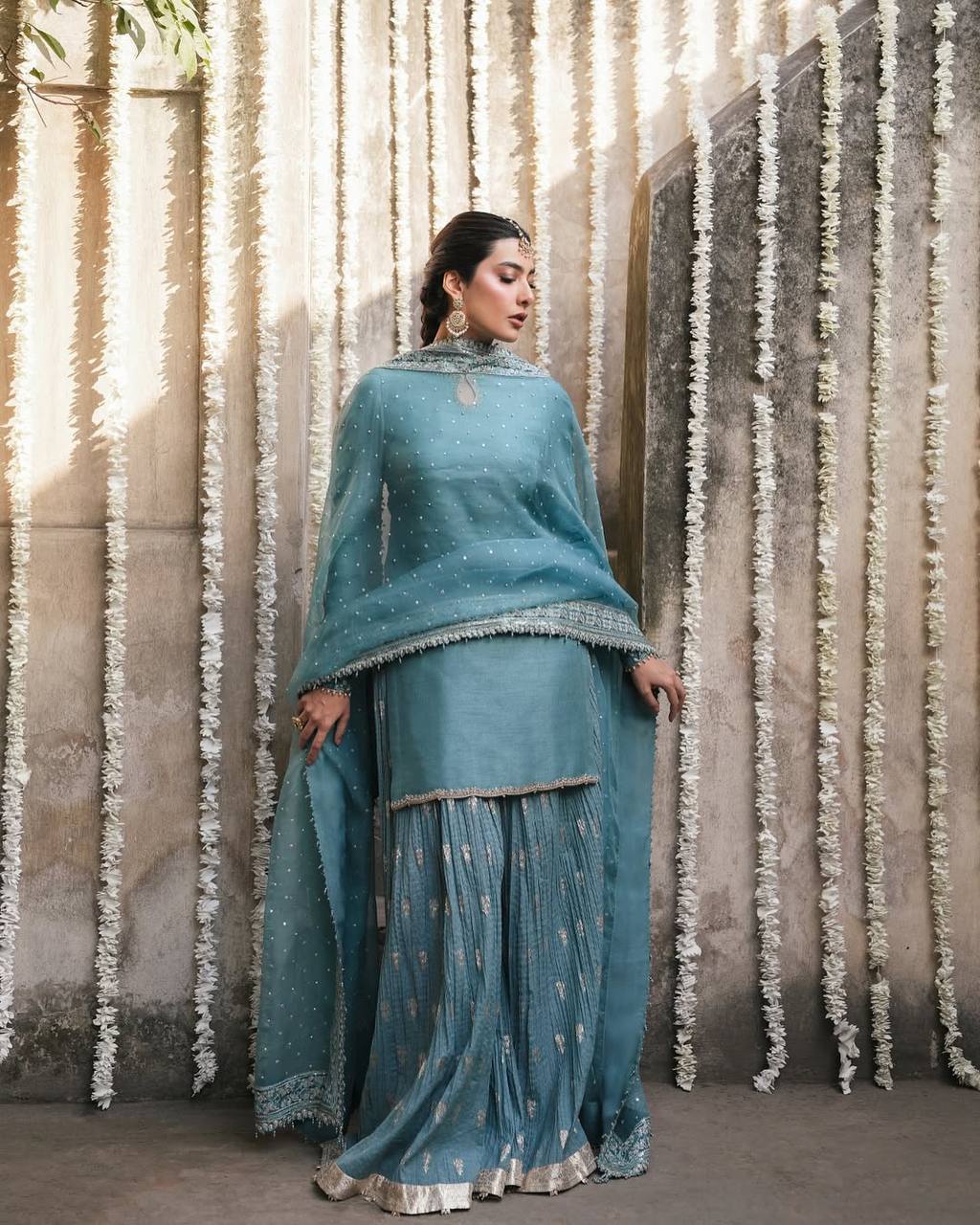Regal Sea Blue Heavy Faux Georgette Embroidered Sharara Suit Set with Dupatta